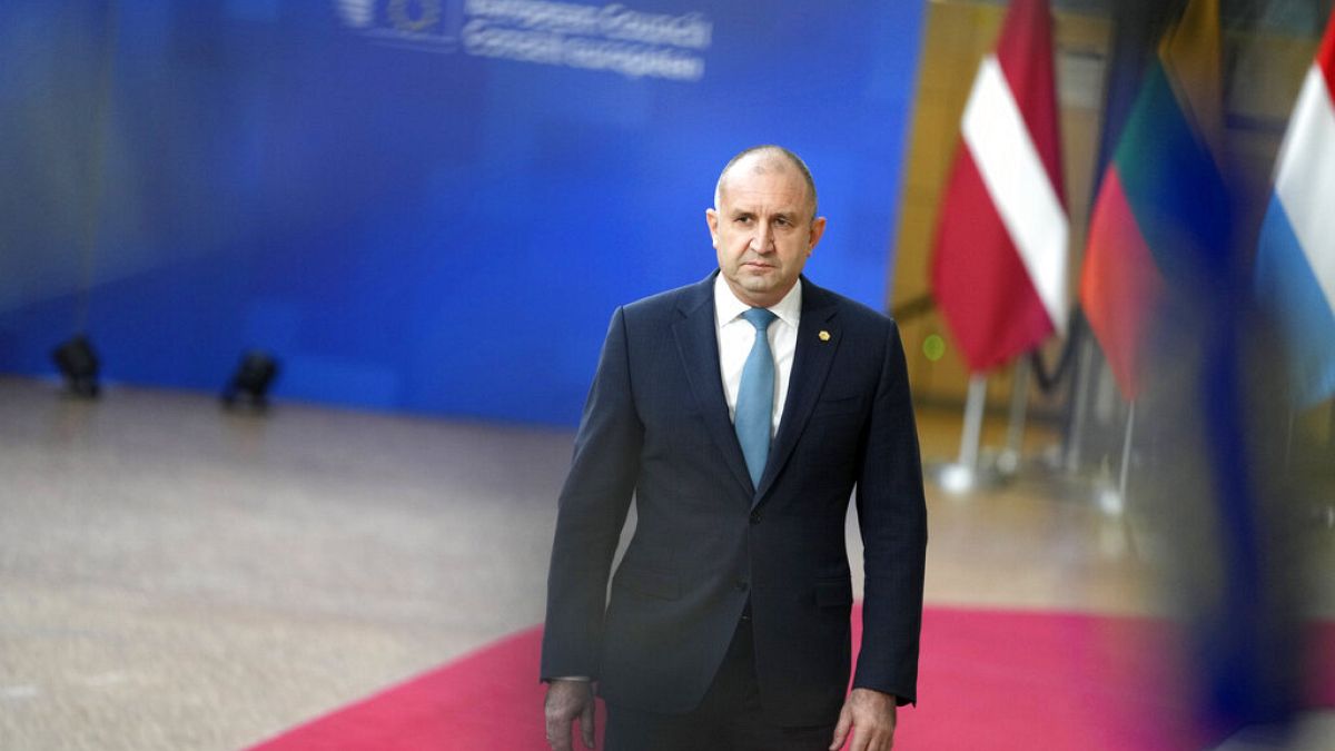 Bulgaria's President Rumen Radev arrives for an EU summit at the European Council building in Brussels on Thursday, Feb. 9, 2023. 