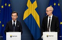 Sweden's Prime Minister Ulf Kristersson, left, and Oscar Stenstroem, chief negotiator in the NATO process, hold a press briefing on the NATO process on Tuesday, March 14; 2023