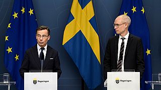 Sweden's Prime Minister Ulf Kristersson, left, and Oscar Stenstroem, chief negotiator in the NATO process, hold a press briefing on the NATO process on Tuesday, March 14; 2023