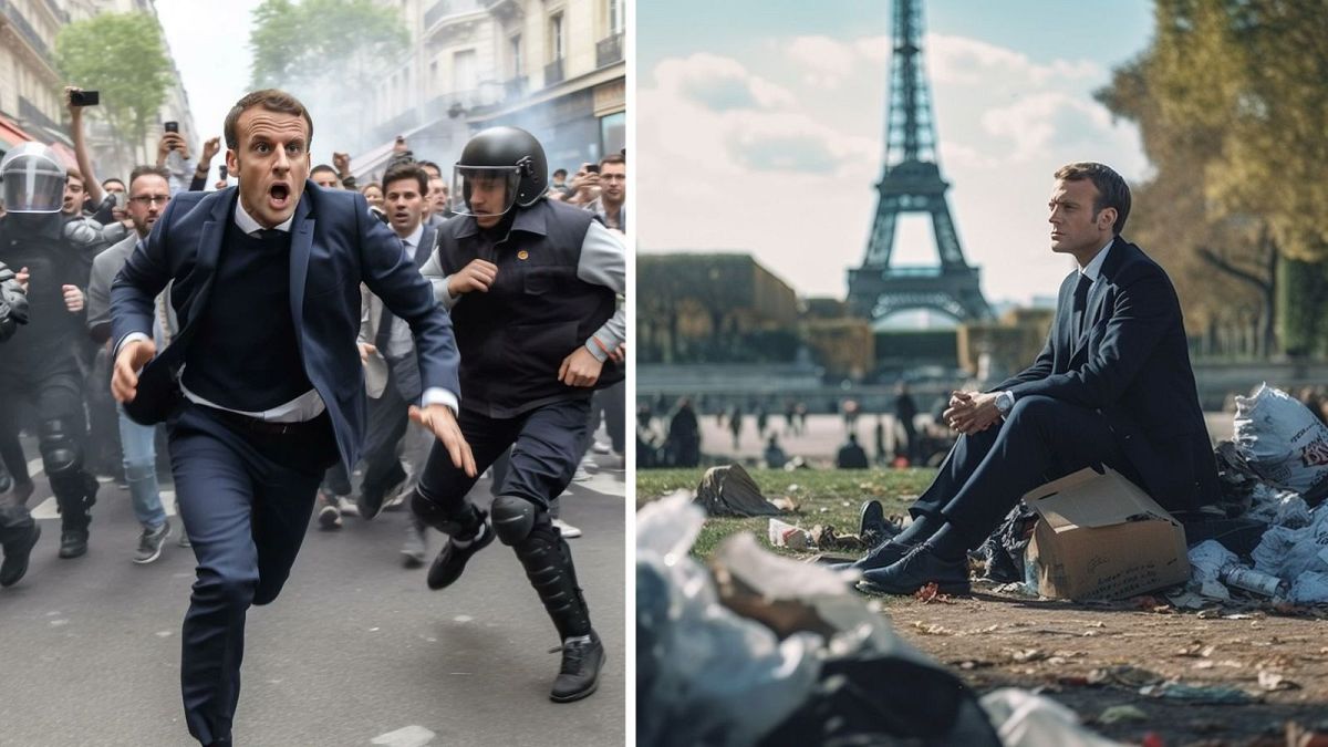 Macron nas manifestações contra a sua própria reforma e sentado numa pilha de lixo em Paris - imagens geradas pelo Midjourney