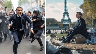 Fausse image générée par Midjourney montrant Emmanuel Macron au contact des policiers