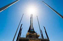 In this photo provided by Relativity Space, the company's Terran 1 rocket sits on a launch pad in Cape Canaveral, Fla., on Wednesday, March 22, 2023.