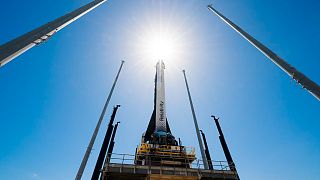 In this photo provided by Relativity Space, the company's Terran 1 rocket sits on a launch pad in Cape Canaveral, Fla., on Wednesday, March 22, 2023. 