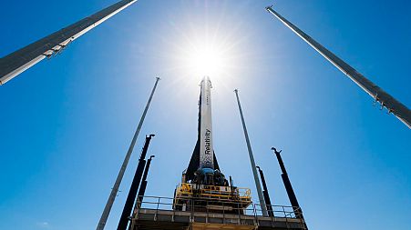 In this photo provided by Relativity Space, the company's Terran 1 rocket sits on a launch pad in Cape Canaveral, Fla., on Wednesday, March 22, 2023.