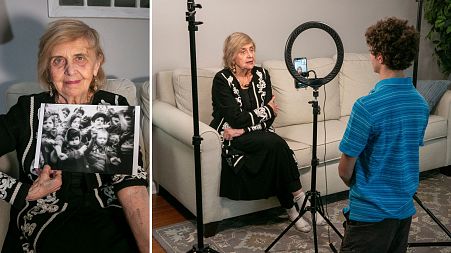 Holocaust survivor Tova Friedman, 85, prepares to record a TikTok video with her grandson.