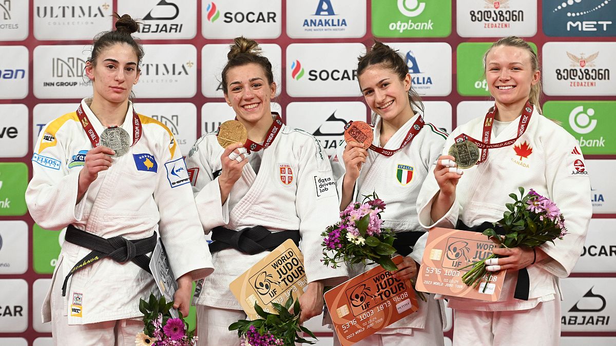 Podium of the -57 kg during the first day of the Grand Slam in Tbilisi, Friday 24 March 2023. 
