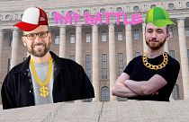 Composite image showing Juhan Kvarnström, Social Democratic Party (L) and Coel Thomas, Green League (R) in front of Finnish Parliament building, Helsinki