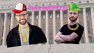 Composite image showing Juhan Kvarnström, Social Democratic Party (L) and Coel Thomas, Green League (R) in front of Finnish Parliament building, Helsinki