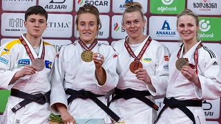 The podium of the -81 kg during the second day of the Grand Slam in Tbilisi, Saturday 25 March