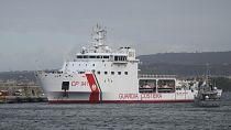 The Diciotti Italian Coast Guard vessel enters the port of Reggio Calabria, southern Italy. 