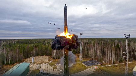 A Yars intercontinental ballistic missile is test-fired as part of Russia's nuclear drills from a launch site in Plesetsk, northwestern Russia.