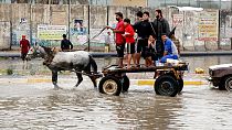Iraqis make their way on a horse cart through a flooded street after heavy rain fell in Baghdad, Iraq, 20 November 2013. 