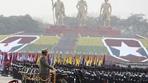 Senior Gen. Min Aung Hlaing, head of the military council, inspects a parade, marking Myanmar's 78th Armed Forces Day in Naypyitaw, Myanmar, Monday, March 27, 2023.