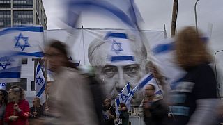 Manifestation à Tel-Aviv, Israël, le 25 mars 2023, contre la réforme judiciaire portée par le Premier ministre Netanyahou