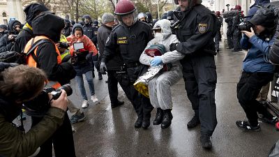Polícia leva manifestante em Viena de Áustria