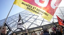 Workers of the culture industry demonstrate outside the Louvre Museum Monday, March 27, 2023 in Paris. 
