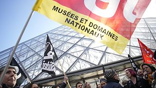Workers of the culture industry demonstrate outside the Louvre Museum Monday, March 27, 2023 in Paris. 