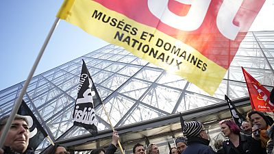 Workers of the culture industry demonstrate outside the Louvre Museum Monday, March 27, 2023 in Paris.