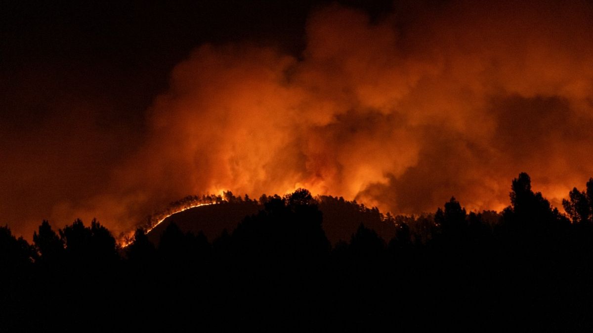 A forest fire burns in the hills near Villanueva de Viver, Spain, in the early hours of Friday 24 March 2023.