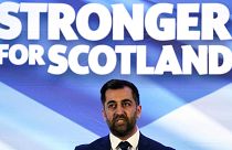 Newly elected Scottish National Party leader Humza Yousaf speaks after being announced new SNP leader, at Murrayfield Stadium, in Edinburgh, Scotland, Monday, March 27, 2023.