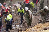 A soldier carries a dog found among the rubble of buildings destroyed by a deadly landslide that buried dozens of homes in Alausi, Ecuador, Monday, March 27, 2023.
