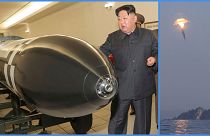 Kim Dzsong Un egy robbanófejjel az észak-koreai hírügynökség, a KCNA által kiadott fotón / Észak-koreai rakétakísérlet