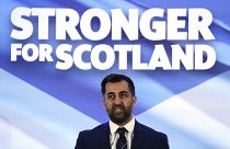 Newly elected Scottish National Party leader Humza Yousaf speaks after being announced new SNP leader, at Murrayfield Stadium, in Edinburgh, Scotland, Monday, March 27, 2023.