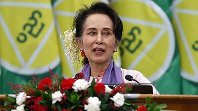 Aung San Suu Kyi retrada en un mitin el 28 de enero de 2020