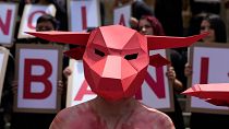 Animal rights activists protest bullfighting outside Congress in Bogota, Colombia, Tuesday, March 28, 2023. 