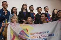Ambassadors of Gay Games 11 Hong Kong 2023 team pose for media after a news conference