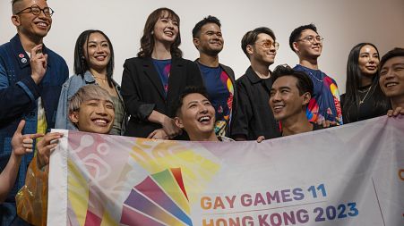 Ambassadors of Gay Games 11 Hong Kong 2023 team pose for media after a news conference
