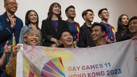 Ambassadors of Gay Games 11 Hong Kong 2023 team pose for media after a news conference