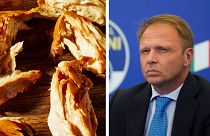 Chicken breast by cultivated meat company 'Good Meat', left, and Italy's agriculture and food sovereignty minister Francesco Lollobrigida, right
