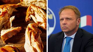Chicken breast by cultivated meat company 'Good Meat', left, and Italy's agriculture and food sovereignty minister Francesco Lollobrigida, right