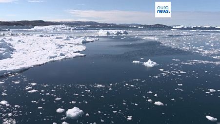 Sea ice near the Ilulissat Icefjord by Disko Bay on the western coast of Greenland, May 2022.