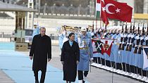 Recep Tayyip Erdogan and Katalin Novak during a welcome ceremony in Ankara, Turkey, March 29, 2023.