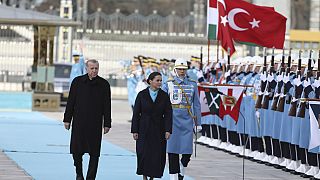 Recep Tayyip Erdogan and Katalin Novak during a welcome ceremony in Ankara, Turkey, March 29, 2023.