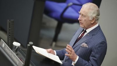 Britain's King Charles III speaks in the German parliament Bundestag on the second day of his trip to Germany in Berlin, March 30, 2023