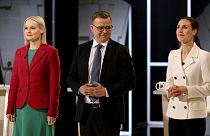 (L-r) Riikka Purra, Finns Party; Petteri Orpo, Kokoomus; Sanna Marin Social Democrats at TV debate in Helsinki, April 2023