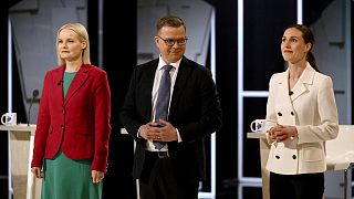 (L-r) Riikka Purra, Finns Party; Petteri Orpo, Kokoomus; Sanna Marin Social Democrats at TV debate in Helsinki, April 2023