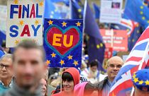 FILE: Demonstrators protest against Brexit as the governing Conservative Party start their annual four-day party conference in Birmingham, England, Sunday Sept 30, 2018. 