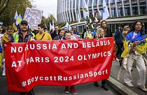 Tüntetés az orosz és a belarusz sportolók részvétele ellen, Lausanne, Switzerland, March 25, 2023.