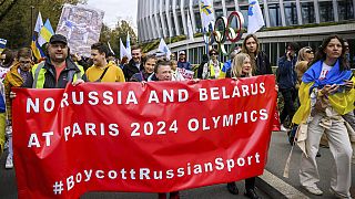 Tüntetés az orosz és a belarusz sportolók részvétele ellen, Lausanne, Switzerland, March 25, 2023.