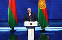 In this photo provided by the Belarusian Presidential Press Service, Belarusian President Alexander Lukashenko delivers a state-of-the nation address in Minsk, 31 March 2023