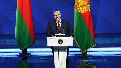 In this photo provided by the Belarusian Presidential Press Service, Belarusian President Alexander Lukashenko delivers a state-of-the nation address in Minsk, 31 March 2023