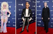 From left to right: Brigitte Bandit, Frankie Grande and Jane Lynch at the 34th Annual GLAAD Media Awards