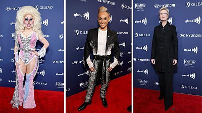 From left to right: Brigitte Bandit, Frankie Grande and Jane Lynch at the 34th Annual GLAAD Media Awards