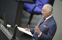  Britain's King Charles III speaks in the German parliament Bundestag on the second day of his trip to Germany in Berlin, Thursday, March 30, 2023.
