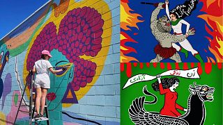 Ghazaleh Rastgar painting a mural in Red Deer, Canada (left). Images of two of her illustrations for the Iranian revolution.