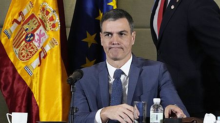 Spanish Prime Minister Pedro Sanchez attends a meeting with Spanish entrepreneurs at a hotel in Beijing, Friday, March 31, 2023.